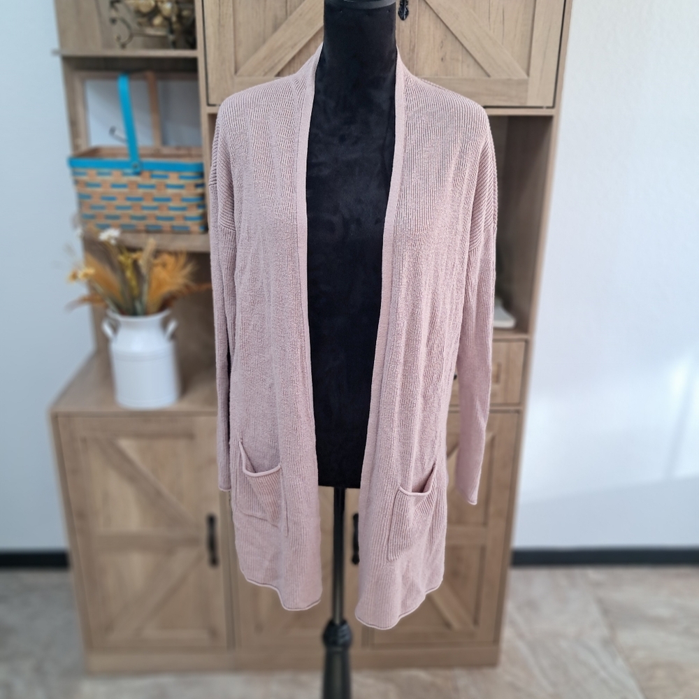 Tahari Blush Purple Tan Knit Cardigan Open Front Long Sleeve Pockets Cozy